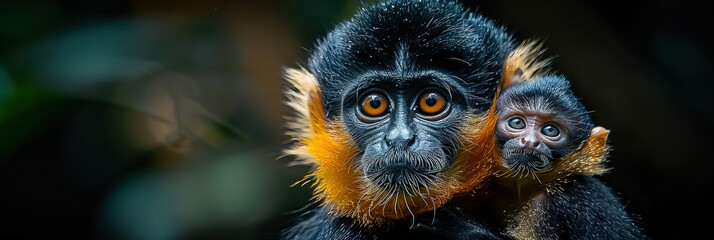 Fototapeta premium A golden monkey mother holding her baby close, their expressions of love and protection highlighted against the natural forest scenery.