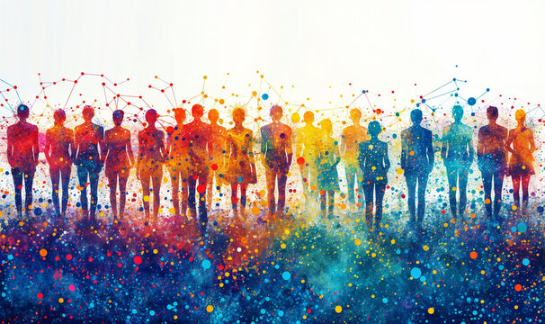 rainbow illustration of a crowd of people/ silhouettes symbolizing community, connection, society, social support, sense of belonging 