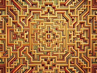 Intricate geometric pattern featuring densely packed interlocking squares and rectangles, creating a continuous maze effect with infinite mazes and tightly connected shapes.