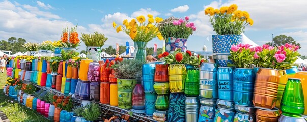 Outdoor festival featuring art made from recycled materials, eco-conscious event, sustainable celebration