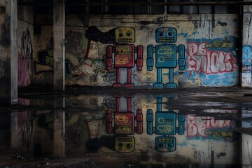 robots graffiti on the wall in an abandoned creepy factory, in the evening, some puddles, some machines
