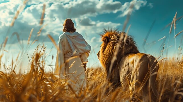 Jesus and lion in the meadow. Lion of judah
