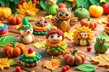 Children's crafts made from plasticine on an autumn theme.