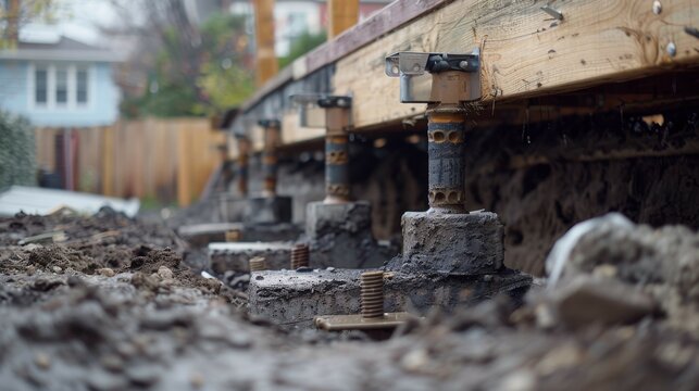 An image showing the installation of helical piers in the foundation of a building. The focus is on the helical piers and their base, surrounded by soil.