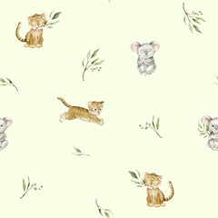 Seamless pattern with green eucalyptus leaves and cute tiger and koala. Watercolor isolated illustration on light green background. Cartoon kids print with animals minimalist scandinavian style.