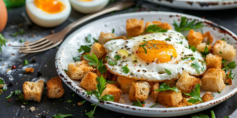 Delicious breakfast lemon bread crumbs fried green beans and egg on a dark background top view
