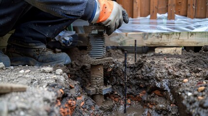 An image showing a technician demonstrating how to install a steel push pier at a construction site, featuring a close-up of helical drilling equipment and a worker's hand operating it.