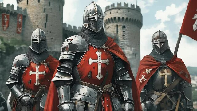 Medieval knights in armor stand guard at castle gates under fluttering banners.