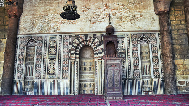 The Mihrab on the Qibla wall indicating the direction of prayer to Mecca at the Al Nasir Muhammad Mosque, built by the Mamluk sultan Al Nasr Mohammed in 1318 at the Citadel,Islamic Cairo,Egypt 