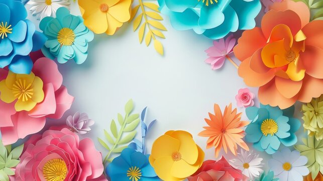Colorful paper flowers, beautiful border, elegant blossoms, vibrant petals, decorative design, floral arrangement, creative art, festive decoration