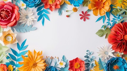 Colorful paper flowers on blank white background. Bright handmade floral border. Vibrant botanical craft design for greeting card or invitation.
