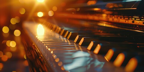 Close-up of a piano keyboard with colorful lights in the background, perfect for concert or music related projects