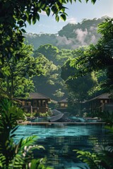 A serene pool with a stunning waterfall in the center, great for relaxation and outdoor scenes