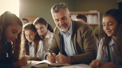 A man sits at a table with a group of smiling girls, possibly friends or colleagues