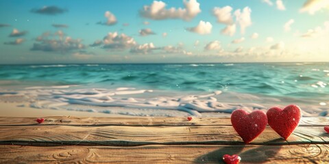 Fototapeta premium A pair of red hearts sits on a wooden table overlooking the ocean, perfect for a romantic getaway or Valentine's Day celebration