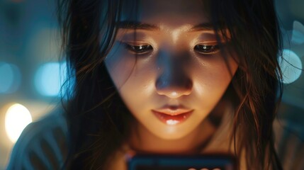 Fototapeta premium A woman looks at her cell phone in a dimly lit environment