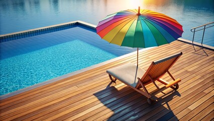 Fototapeta premium 30 Words Or 130 Characters For Adobe Stock Title Relate With Image Reference Is :.3D Rendering Of A Rainbow Umbrella And A Lounge Chair By The Pool