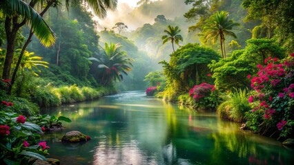 Obraz premium Lush Green Jungle Foliage And River Flowing Through It