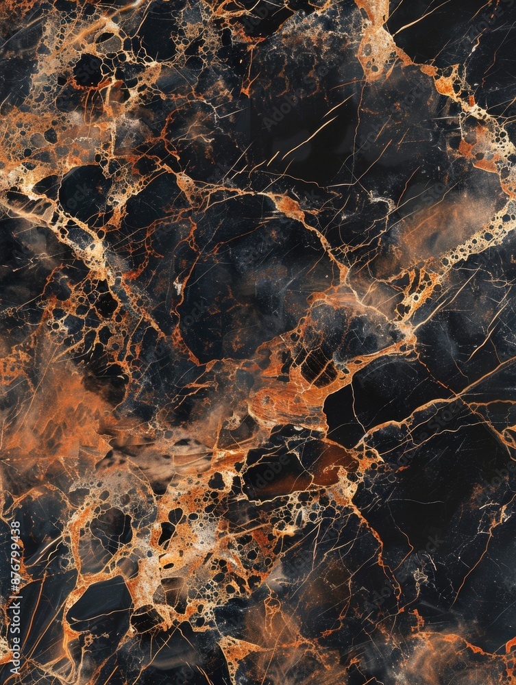 Poster a close-up view of a black and orange marble surface with intricate patterns and swirling colors