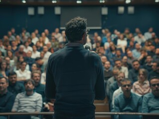A person standing among a group of people, possibly speaking or addressing the crowd