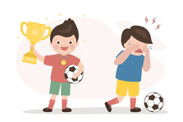 Schoolboys soccer players. Boy holds winner cup and ball. Crying loser player. Football players after competition, winner and losers. Reward for winner in championship