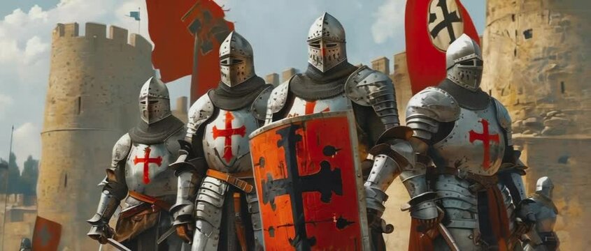 Medieval knights in armor stand guard at castle gates under fluttering banners.