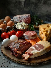 A plate filled with various ingredients, including meat, cheese, eggs, tomatoes, and more