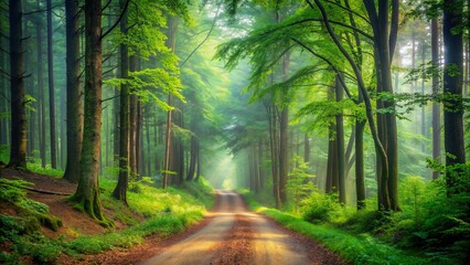 Obraz premium The Sun Shines Through The Tall Trees In The Forest, Creating A Beautiful And Peaceful Scene.