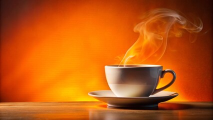Obraz premium A Cup Of Coffee On A Wooden Table With A Warm Orange Background. The Steam From The Coffee Is Rising Up Into The Air.