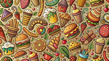Naklejka premium Fast Food Colorful Seamless Pattern. Cartoon Hand Drawn Doodle. Junk Food Background.