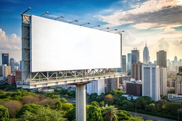 Fototapeta premium Blank White Billboard Against Outdoor Daytime Cityscape View: Ideal for Advertising, Marketing Campaigns, and Promotional Mockups