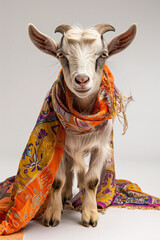 Whimsical Goat Draped in a Vibrant Floral Scarf