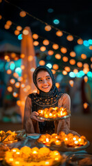 Joyful Woman in Hijab Enjoying Sweets with Festive Lights in the Background