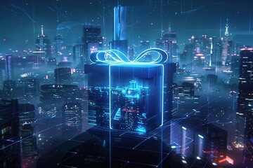 Opening gift in a cyber style. 3d rendering illustration. For Black Cyber Friday
