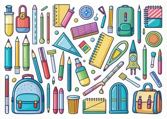 Colorful hand-drawn school supplies collection featuring pencils, pens, rulers, notebooks, and backpacks in playful doodle style, perfect for back to school designs.