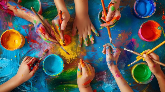 Children’s Hands Engaged in Creative Finger Painting and Brush Art Activities with Vibrant Colors on a Large Canvas - Powered by Adobe