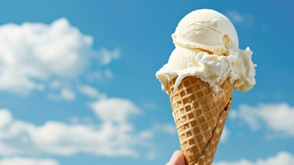 Hand holds ice cream cone with blue sky, clouds