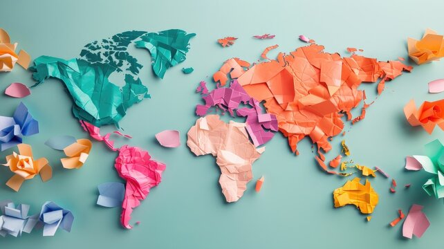 Brightly colored paper map of world with unique shapes