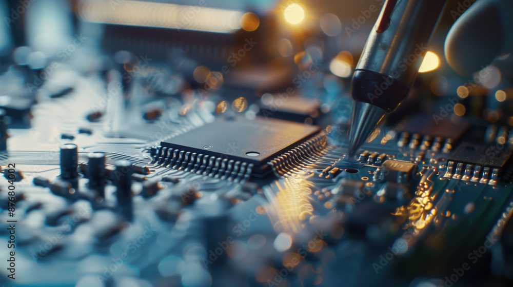 Poster closeup of a microchip being soldered on a circuit board with blurred background. electronics manufa
