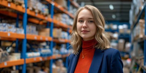 Fototapeta premium Enchanting businesswoman, middle-aged with shoulder-length blonde hair and blue eyes standing in front of rows of high-tech warehouse shelves