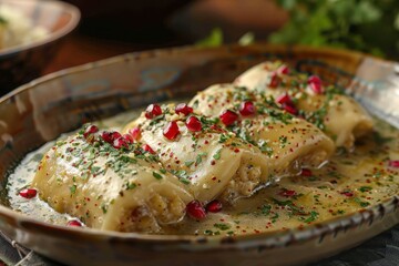 A dish of chiles en nogada, featuring stuffed poblano peppers covered in a creamy walnut sauce, garnished with pomegranate seeds and fresh parsley.