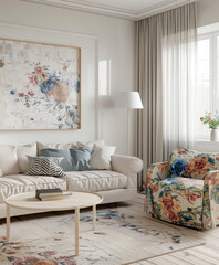 A creatively inspired interior space with white walls, abstract art paintings. AI generative.