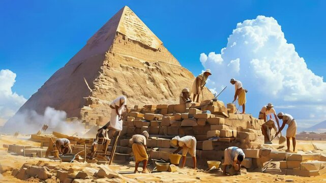 Historic pyramid construction with slave workers under a blue sky.