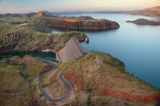 Aerial view at sunset of Lake Argyle dam wall