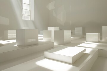 Minimalist installation with stark white cubes, clean lines, and strategic lighting to create dramatic shadows, Generative AI 