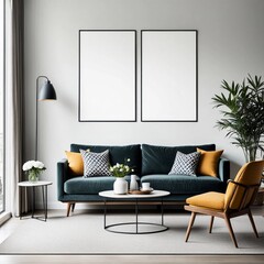 Mockup blank poster in modern living room interior background