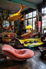 Surreal room filled with oversized furniture and whimsical objects creating a dreamlike atmosphere, Generative AI
