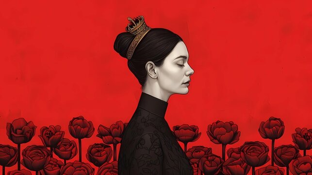 portrait of a woman on rrd background with black flowers 