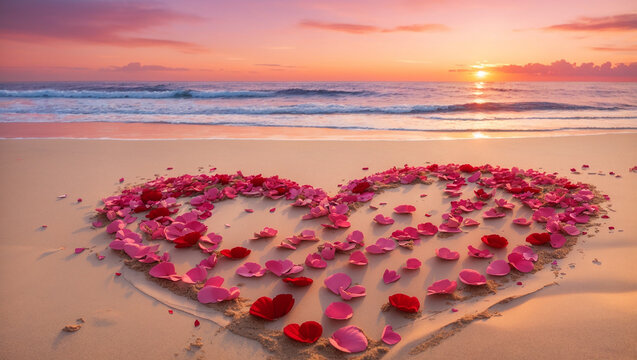 A heart shape drawn in the sand on a beach at sunset, surrounded by rose petals.

