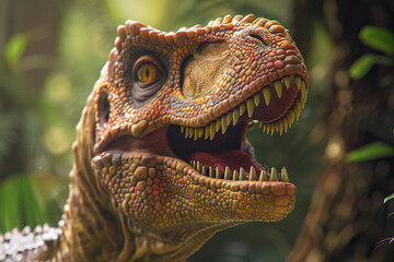 Generative ai on theme of big scary hungry dinosaur with kind eyes and sharp teeth destroying park